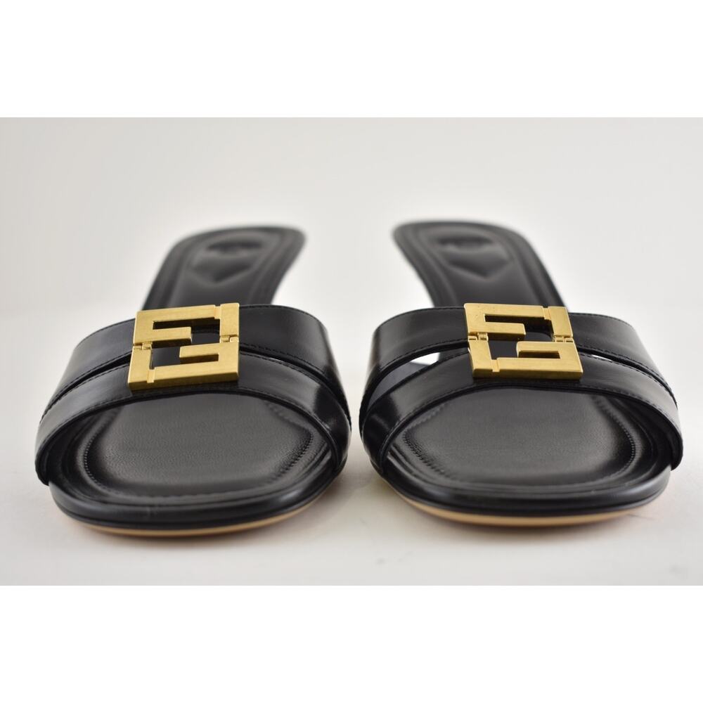 Fendi Fold Slide Black Leather Gold FF Logo Mule Kitten Heel Pump Sandals 37.5 - Picture 13 of 16